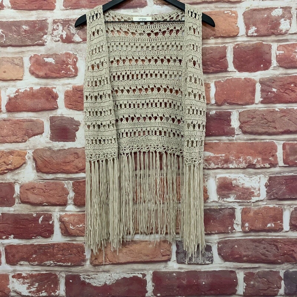 Umgee Cardigan Women's Medium Tan Boho Hippie Knit Fringe Sleeveless Sweater